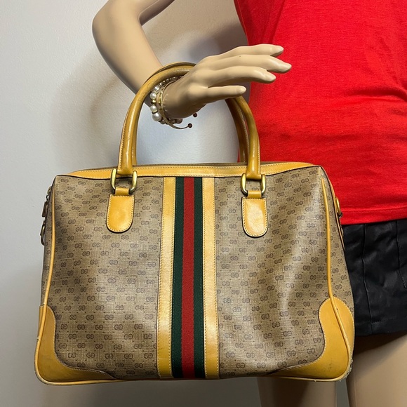 Gucci Vintage Micro GG Sherry Line Boston Bag - Rare Mustard Trim- Crest Charm- - Picture 5 of 15
